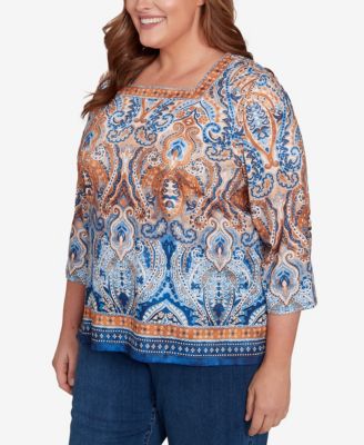 Plus Size Classic Medallion Bordered Square Neck Top