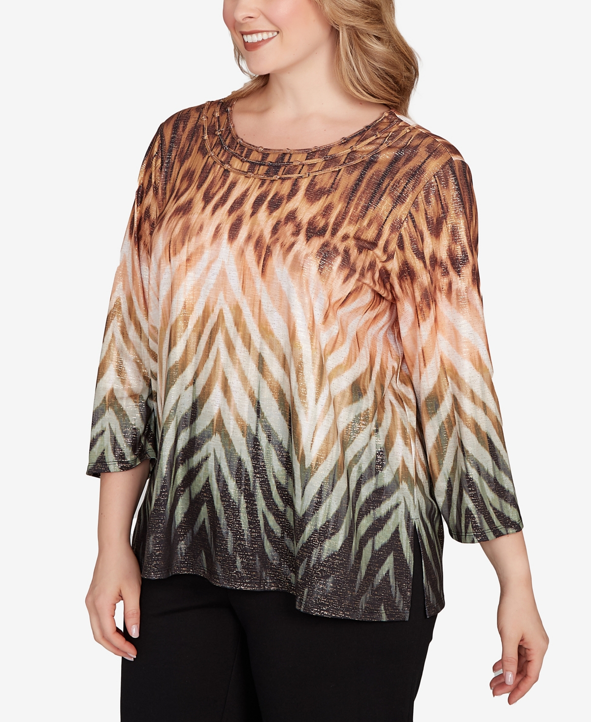 Alfred Dunner Plus Size Classic Ombre Animal Skin Three Quarter Sleeve Top In Black