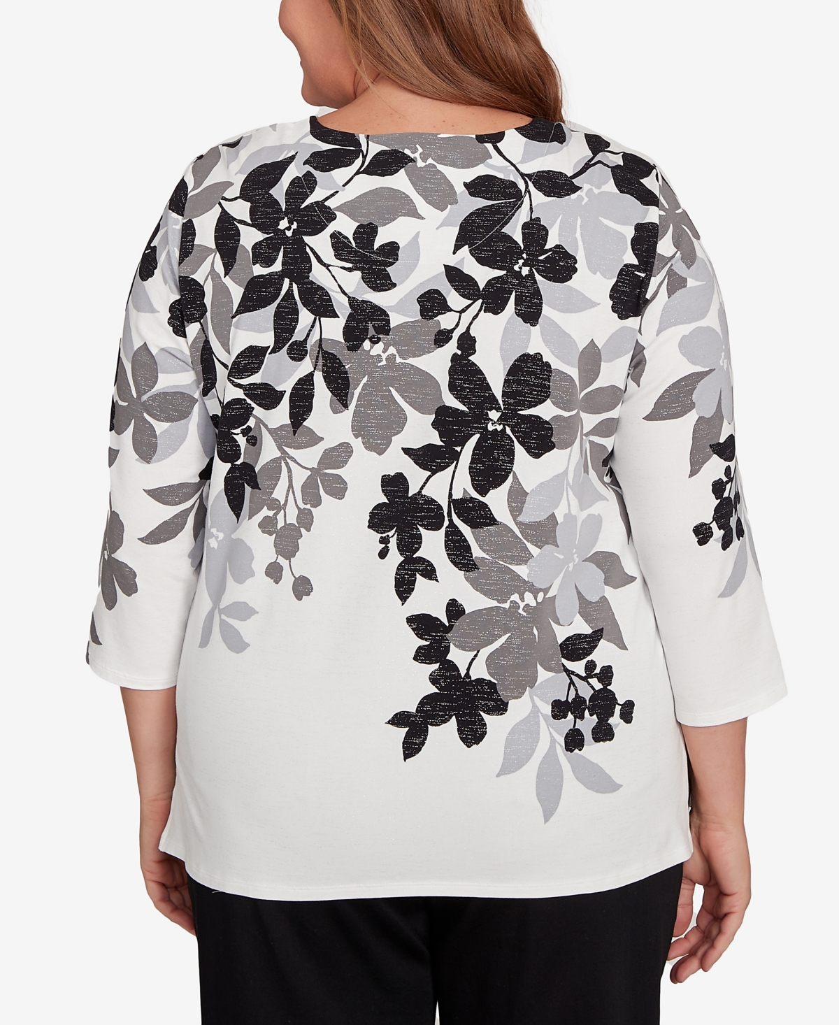 Alfred Dunner Plus Size Classic Shadow Leaf Three Quarter Sleeve Top In Multi