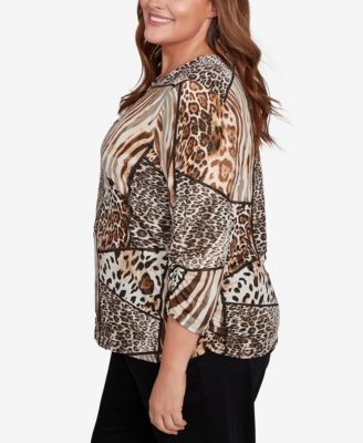 Plus Size Classic Puff Print Animal Colorblock Keyhole Neck Top