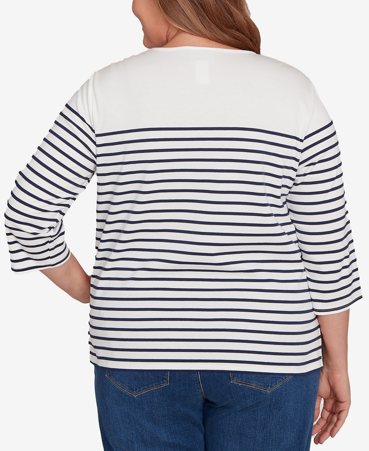 Alfred Dunner Plus Size Classic Sunflower Neckline Striped Top In White