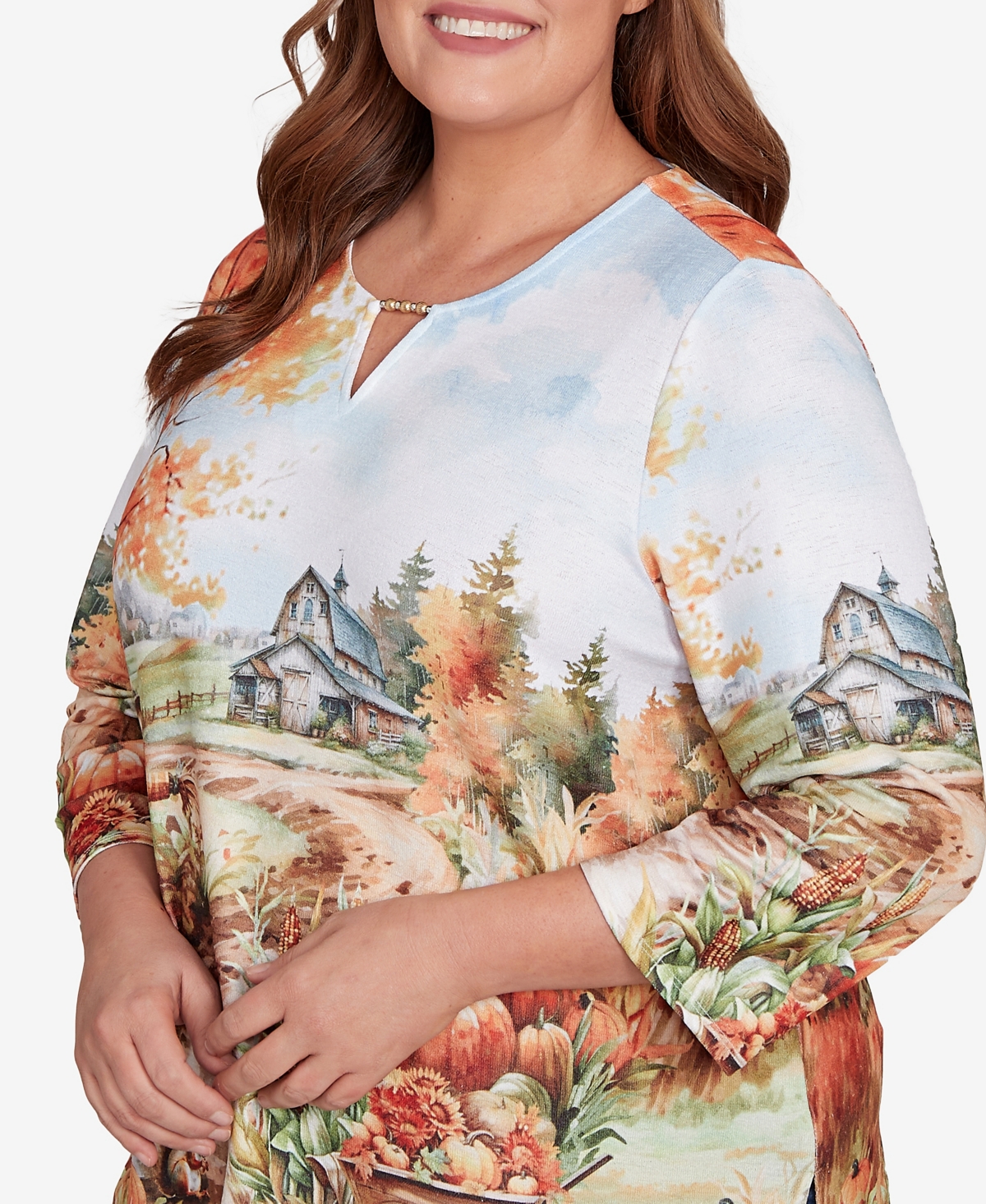 Alfred Dunner Plus Size Classic Farm Landscape Harvest Keyhole Neck Top In Multi