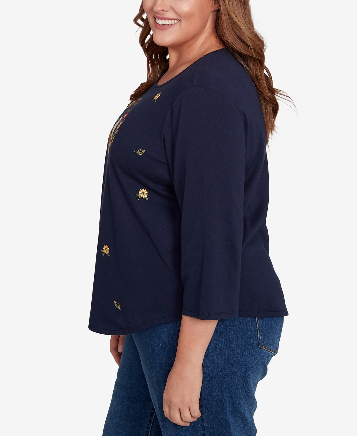Alfred Dunner Plus Size Classic Owl Wreath Embroidered Top In Blue
