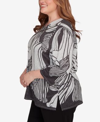 Plus Size Classic Abstract Floral Stripe V-Neck Top