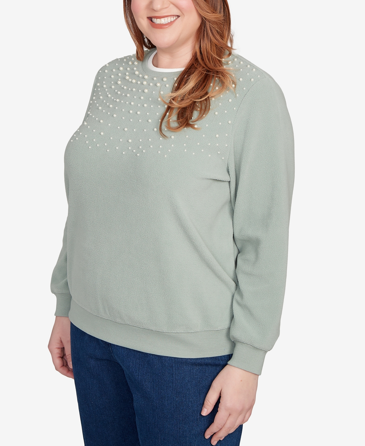 Alfred Dunner Plus Size Classic Embellished Neckline Anti-pill Sweater In Green