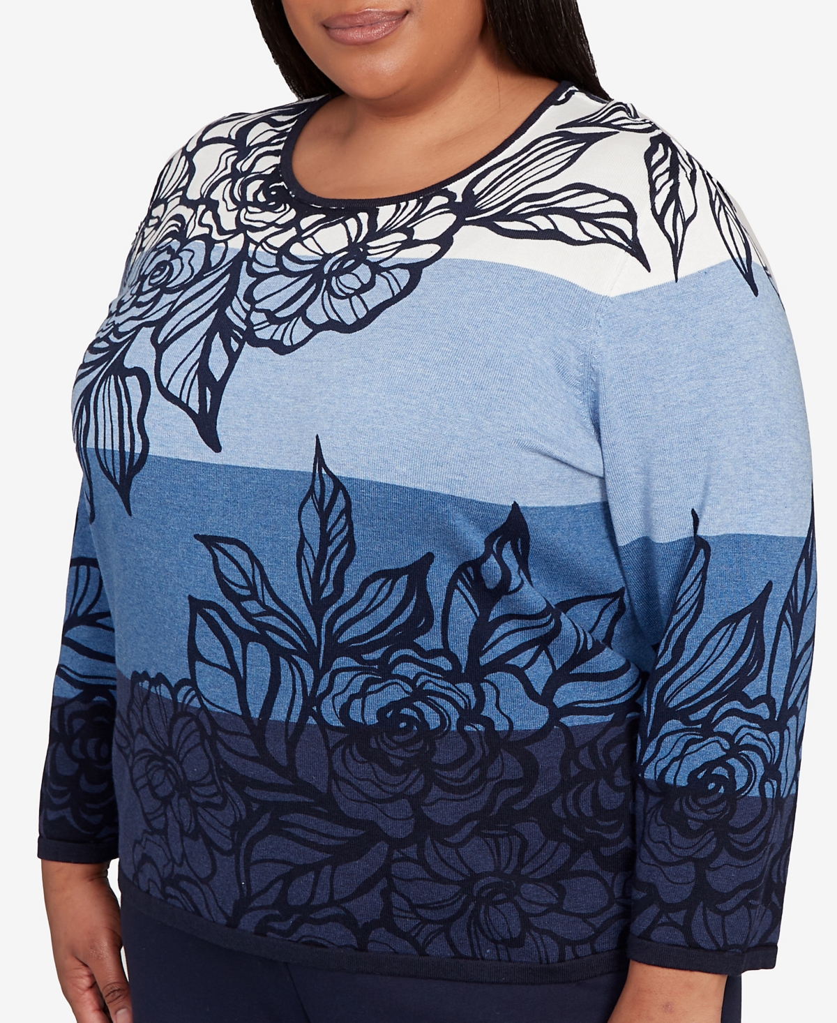 Alfred Dunner Plus Size Classic Ombre Floral Block Stripe Sweater In Blue