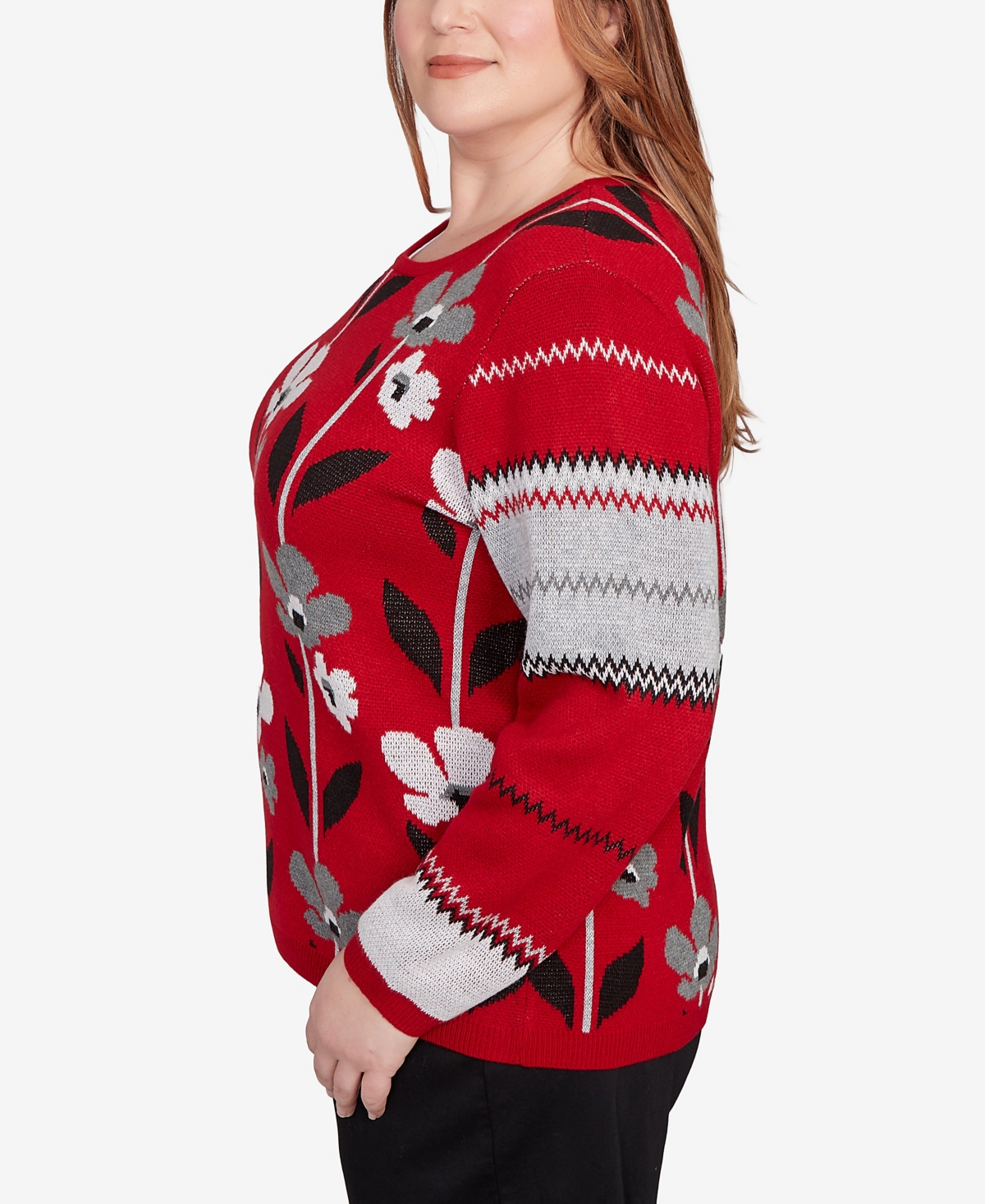 Alfred Dunner Plus Size Classic Vertical Flower Zig Zag Sweater In Red