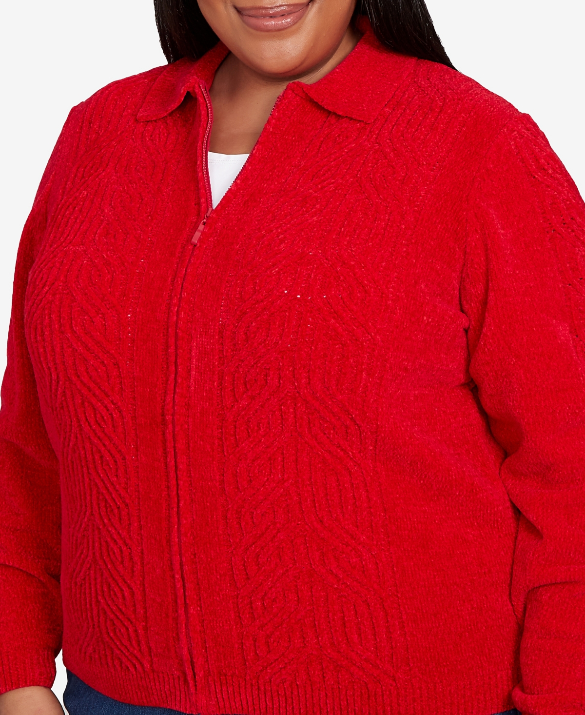 Alfred Dunner Plus Size Classic Zip-front Chenille Collared Cardigan Sweater In Red