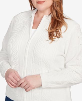 Plus Size Classic Zip-Front Chenille Collared Cardigan Sweater