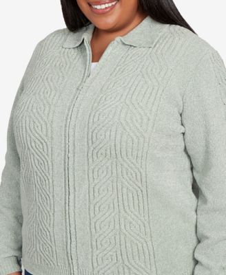 Plus Size Classic Zip-Front Chenille Collared Cardigan Sweater