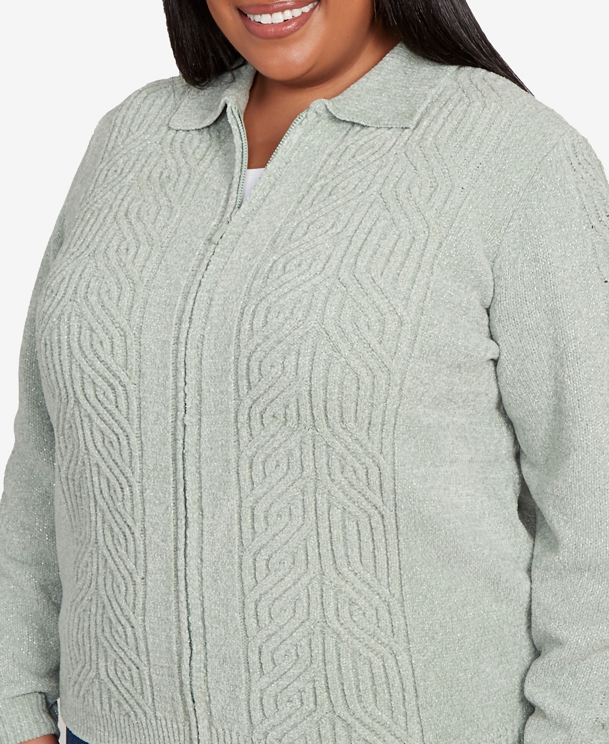 Alfred Dunner Plus Size Classic Zip-front Chenille Collared Cardigan Sweater In Green