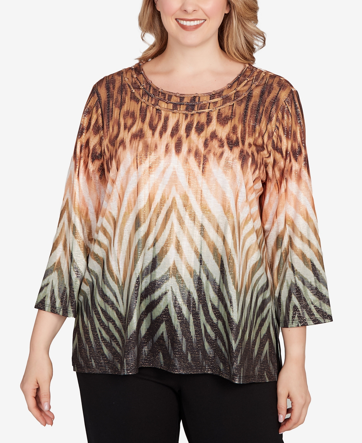 Alfred Dunner Plus Size Classic Ombre Animal Skin Three Quarter Sleeve Top In Black