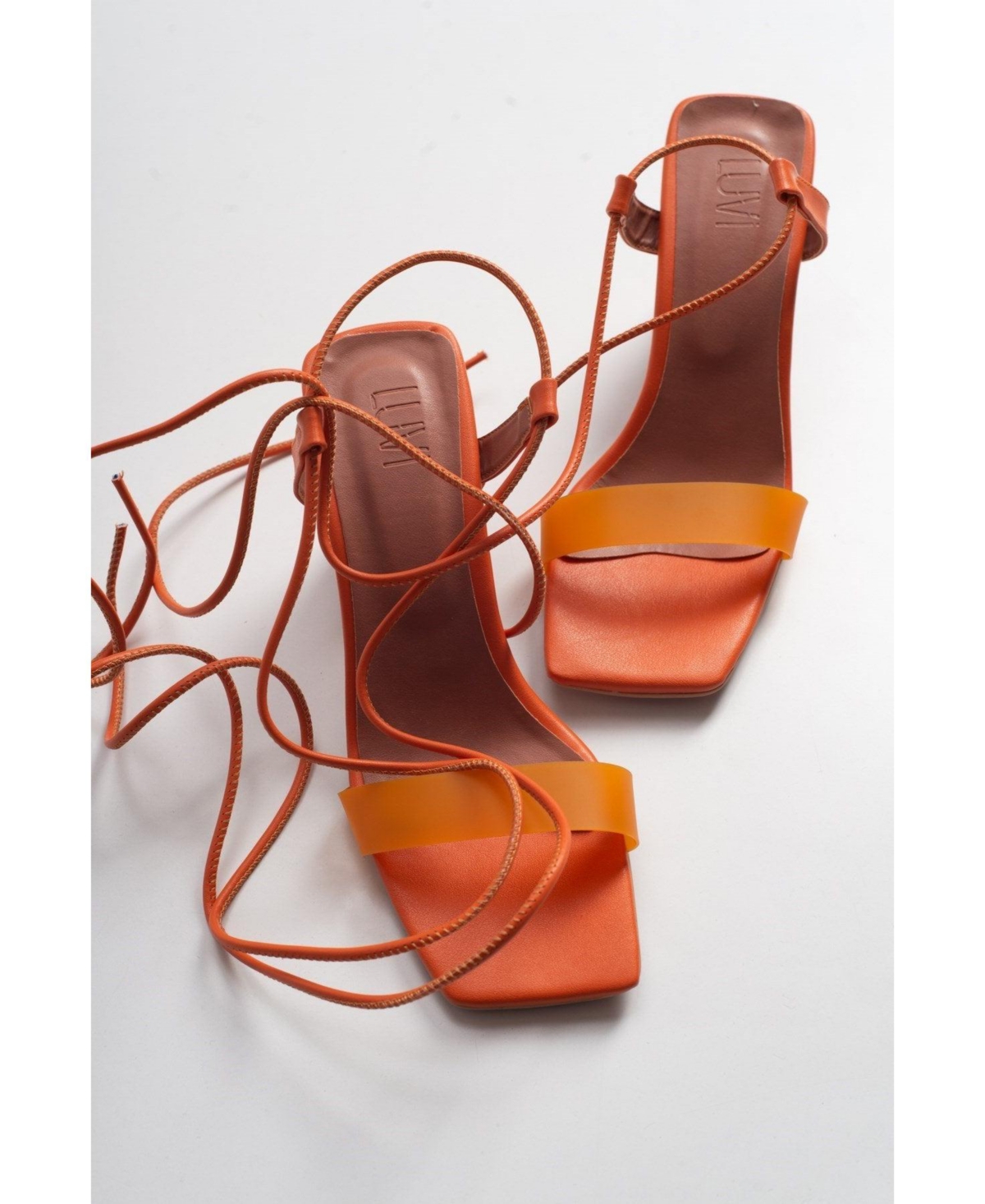 Rhea Block Heel Sandal (Women) - Orange faux leather