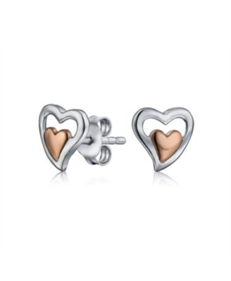 Petite Two Toned Double Heart Stud Earrings Rose Gold Sterling Silver Gift