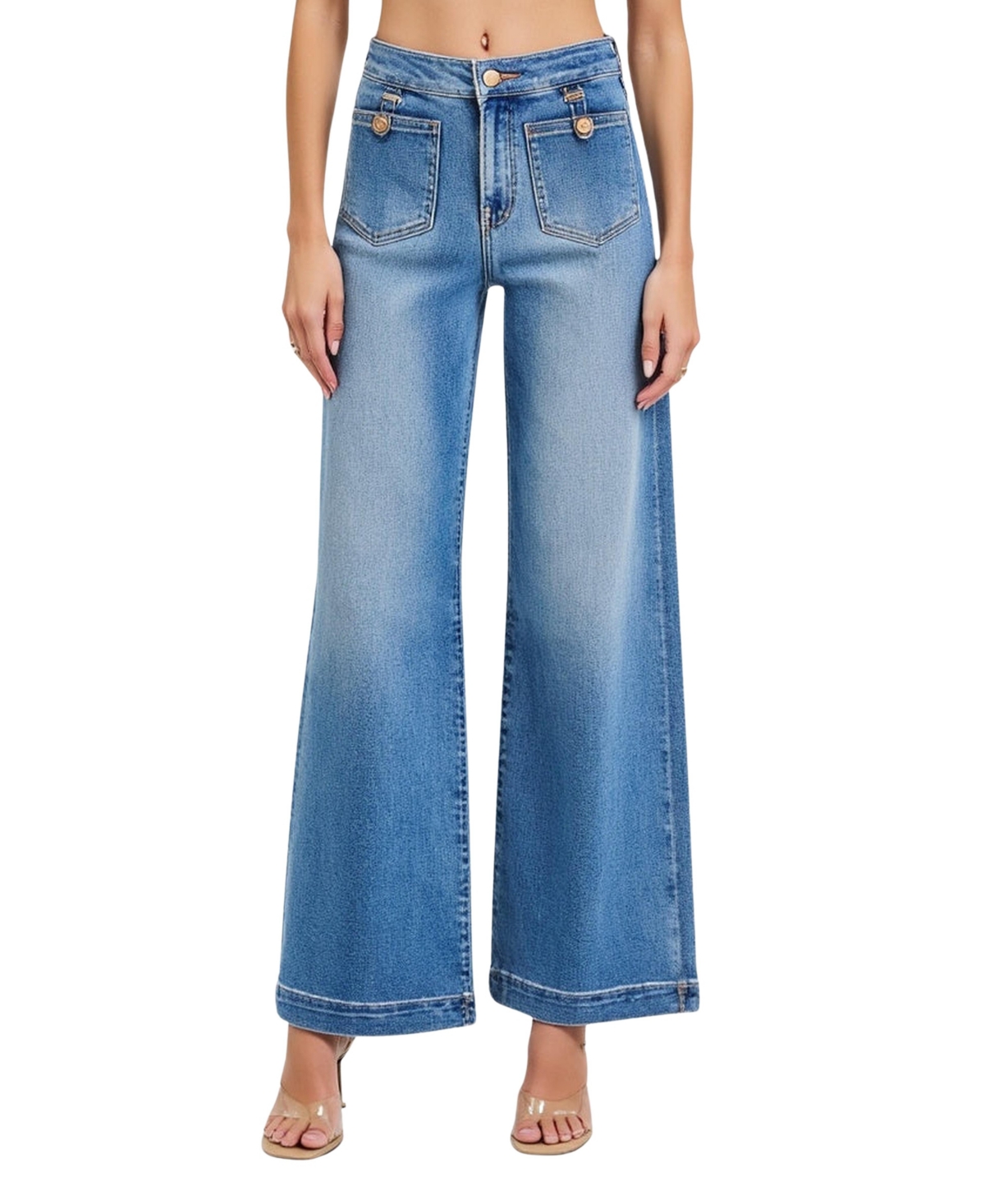 Women's High Waist Wide-Leg Patch Pocket Jeans - Blue