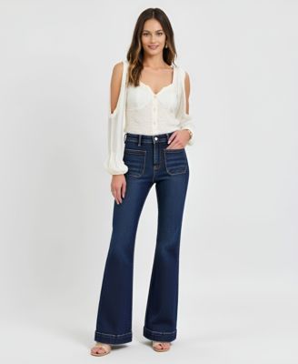 Women's High Waist Flare Front Patch Pocket Jeans
