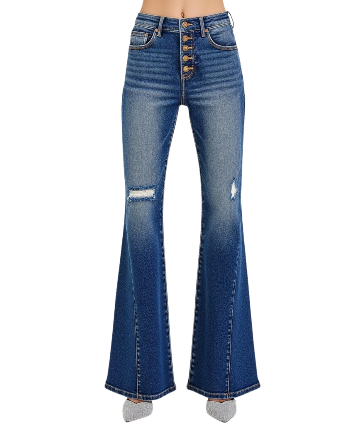 Women's High-Rise Button Fly Distressed Flare Jeans - Blue