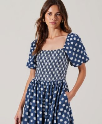 Women's Smocked Puff-Sleeve Tiered Midi Dress with Pockets