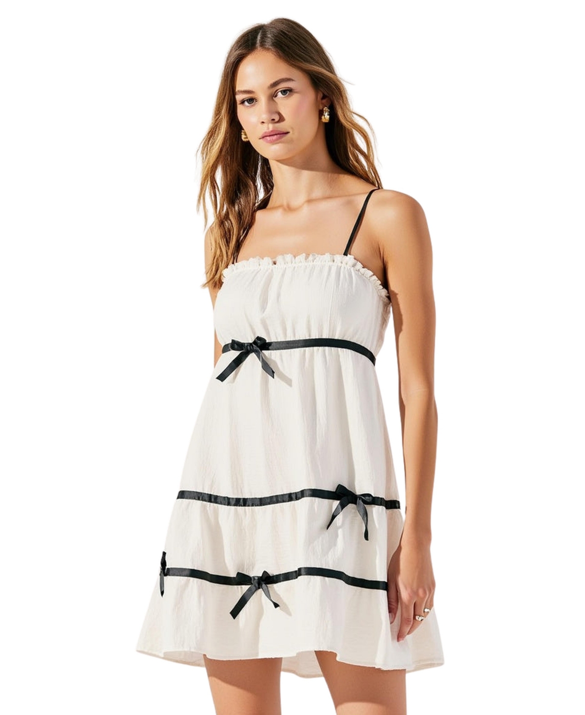 Women's Spaghetti Strap Ruffled Trim Bow Accents Mini Dress - White