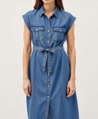 Women's Sleeveless Button-Front Tie-Waist Midi Shirt Dress