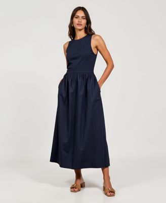Women's Sleeveless Crewneck Gathered Waist Midi Dress