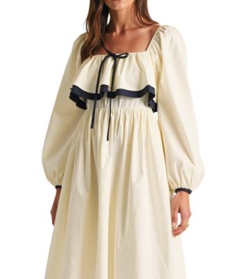 Women's Long Sleeve Ruffle Trim Tie Front Midi Dress