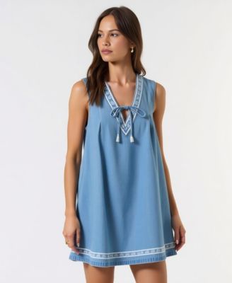 Women's Sleeveless Embroidered Trim Tie Front Mini Dress