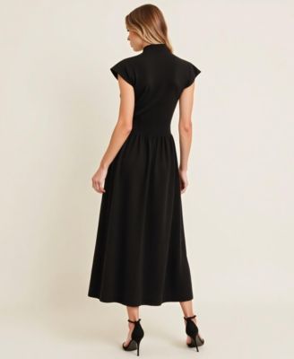 Women's Scallop Edge Mock Neck Sleeveless Knit Midi Dress