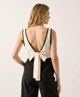 Women's Sleeveless Two-Tone Deep V-Neck Wide Leg Jumpsuit