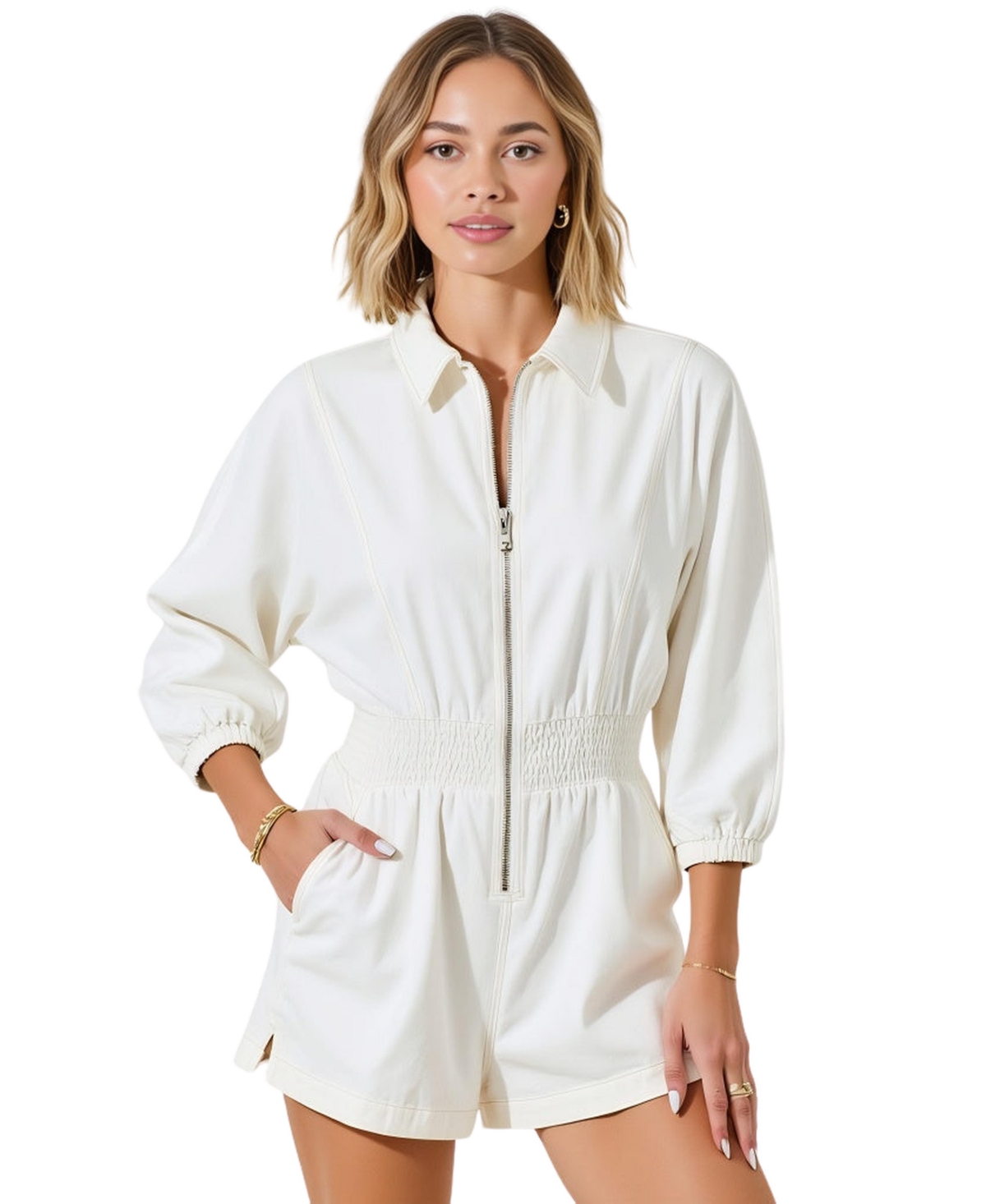Women's Zip Front Collared Long Sleeve Romper - White