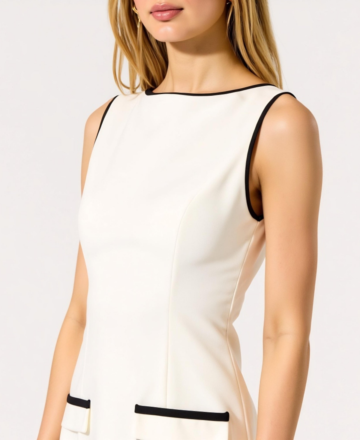 Modenaire Women's Sleeveless Contrast Trim Faux Pocket Flaps Mini Dress