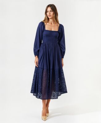 Women's Square-Neck Smocked Eyelet Hem Midi Dress