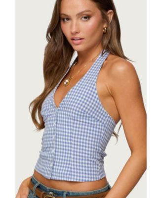 Womens Evan Gingham Button Up Halter Top