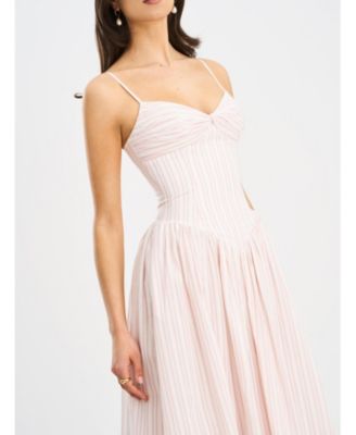 Women's Zania Pink Stripe Ruched Breast Cotton Jacquard Midi Dress