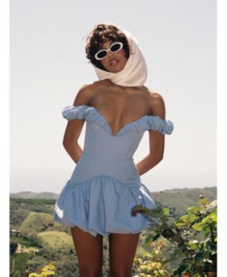 Women Sablee Checkered Puffy Off Shoulder Trim Bubble Hem Mini Dress