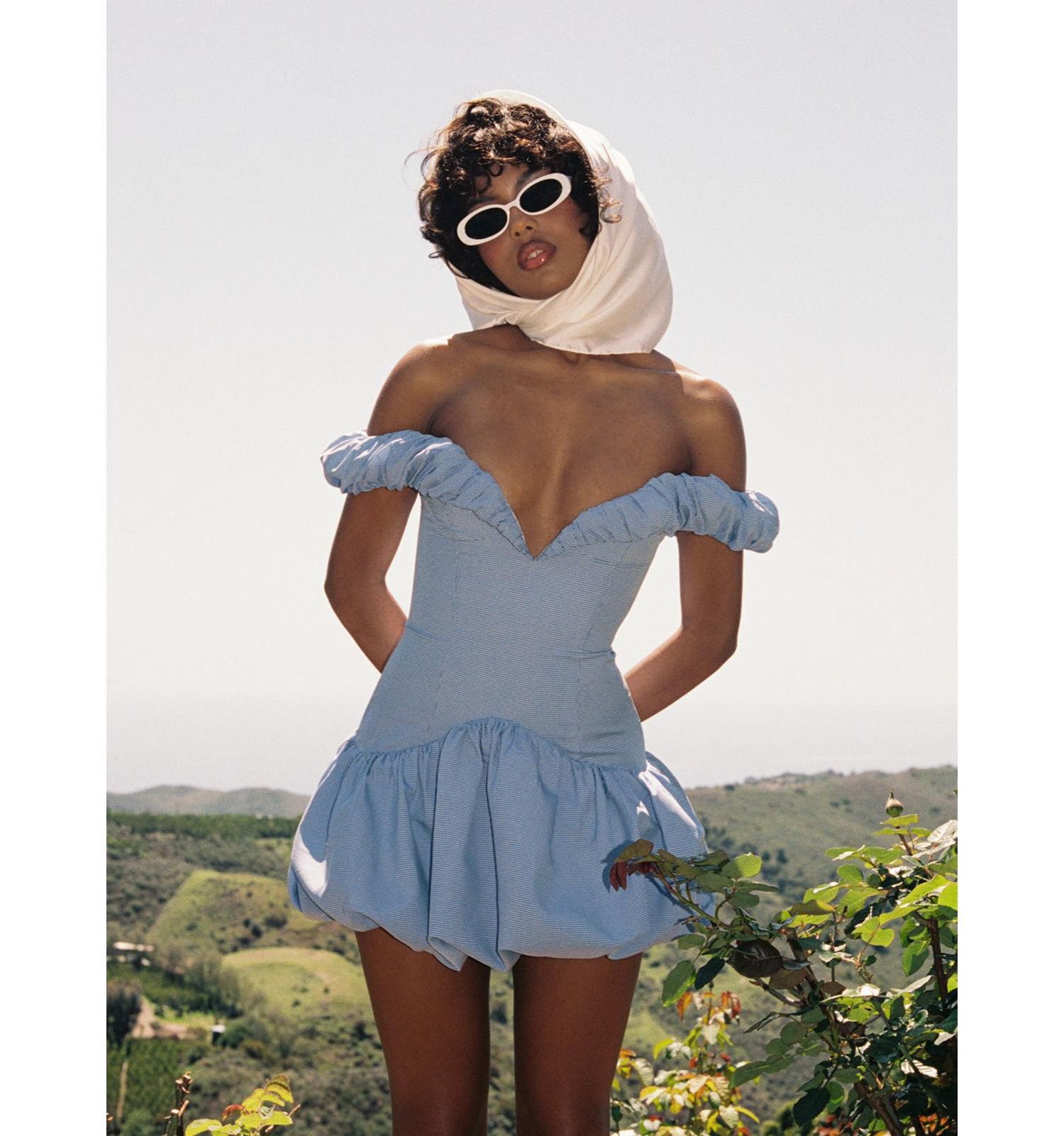 Women Sablee Checkered Puffy Off Shoulder Trim Bubble Hem Mini Dress