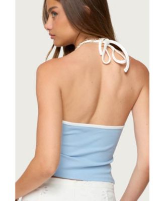 Women's Contrast Ribbed V Neck Halter Top