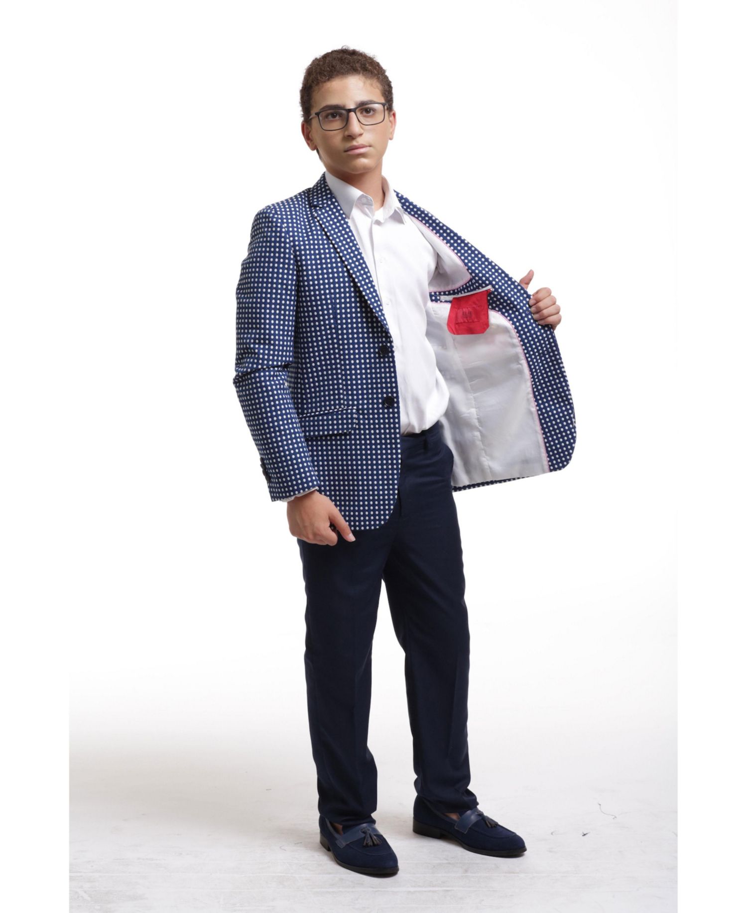 Boys Navy Slim Fit Checked Blazer