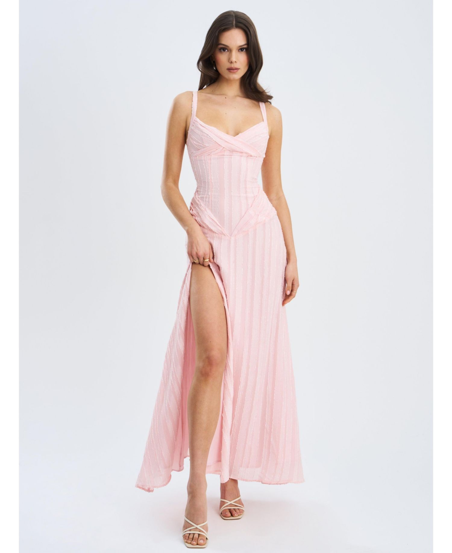 Women's Mallory Baby Pink Stripe Jacquard High Slit Gown