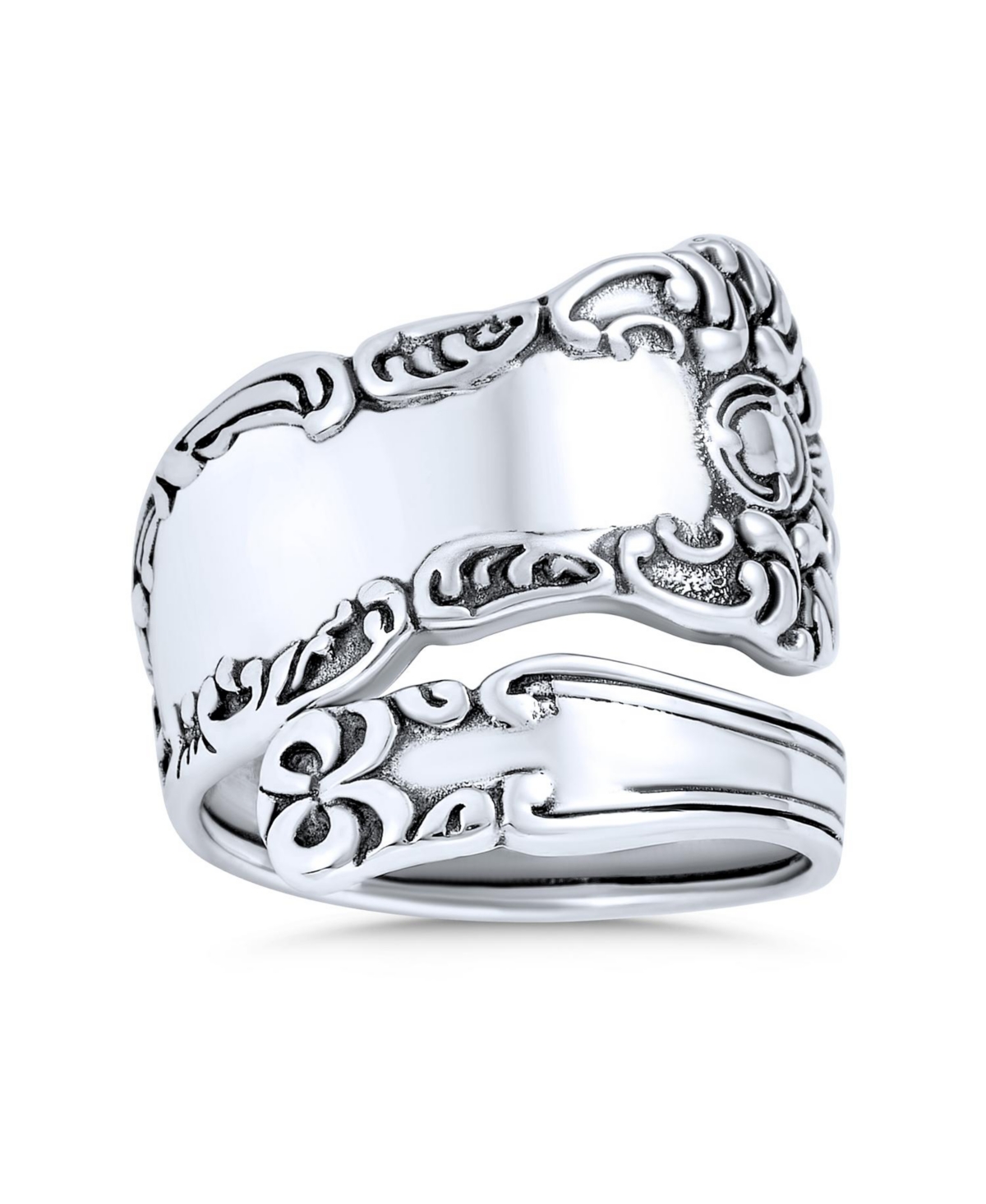 Boho Bypass Spoon Band Ring Oxidized Sterling Silver Adjustable - Silver