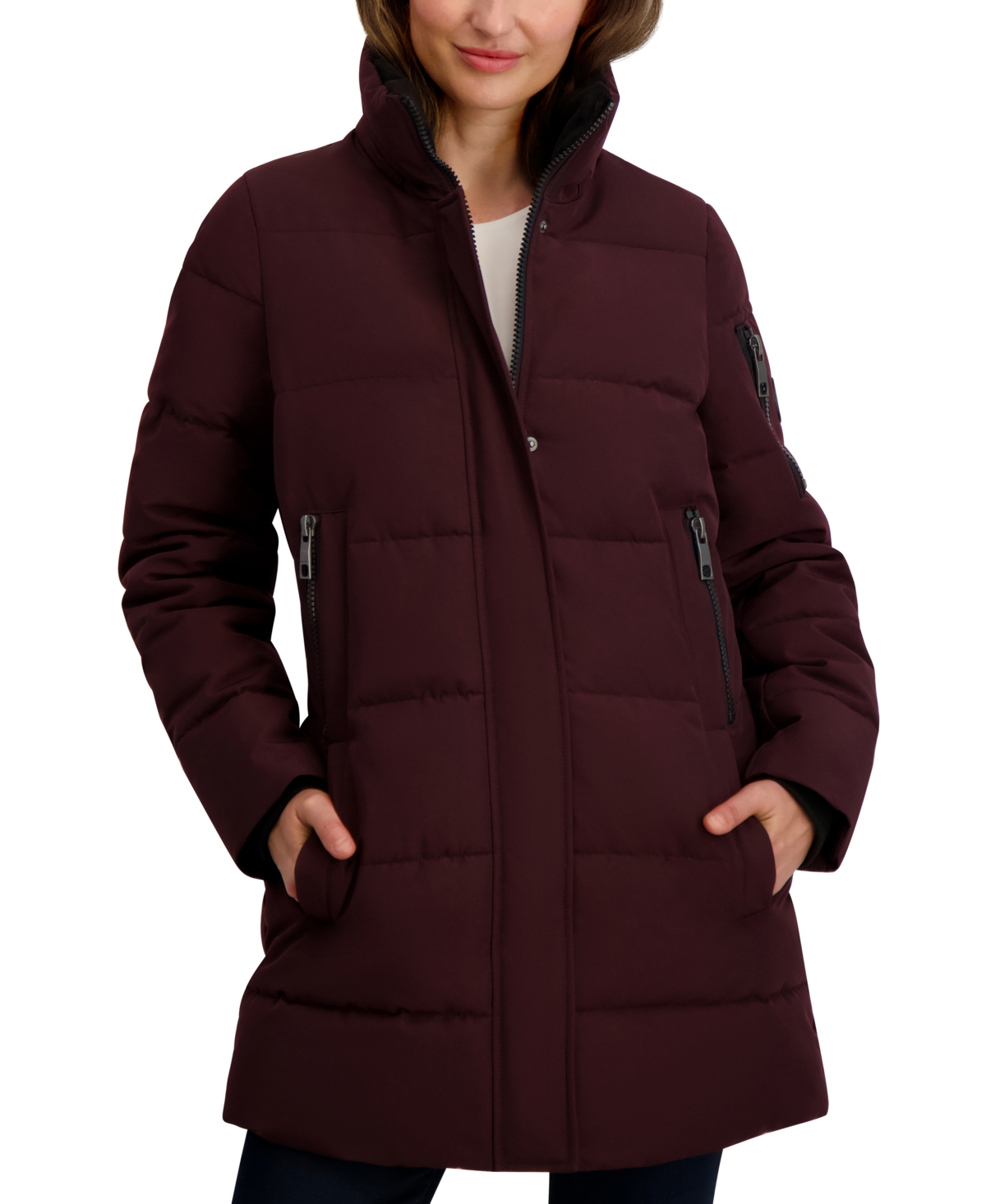 Nautica Women's Faux-fur-trim Hooded Puffer Coat In Burgundy