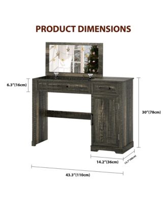 Vanity desk with mirror and storage drawers.