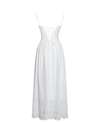 Women's Oberon White Cotton Eyelet Lace-Up Back Maxi Dress
