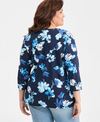 Plus Printed Size Side-Button Knit Tunic Top