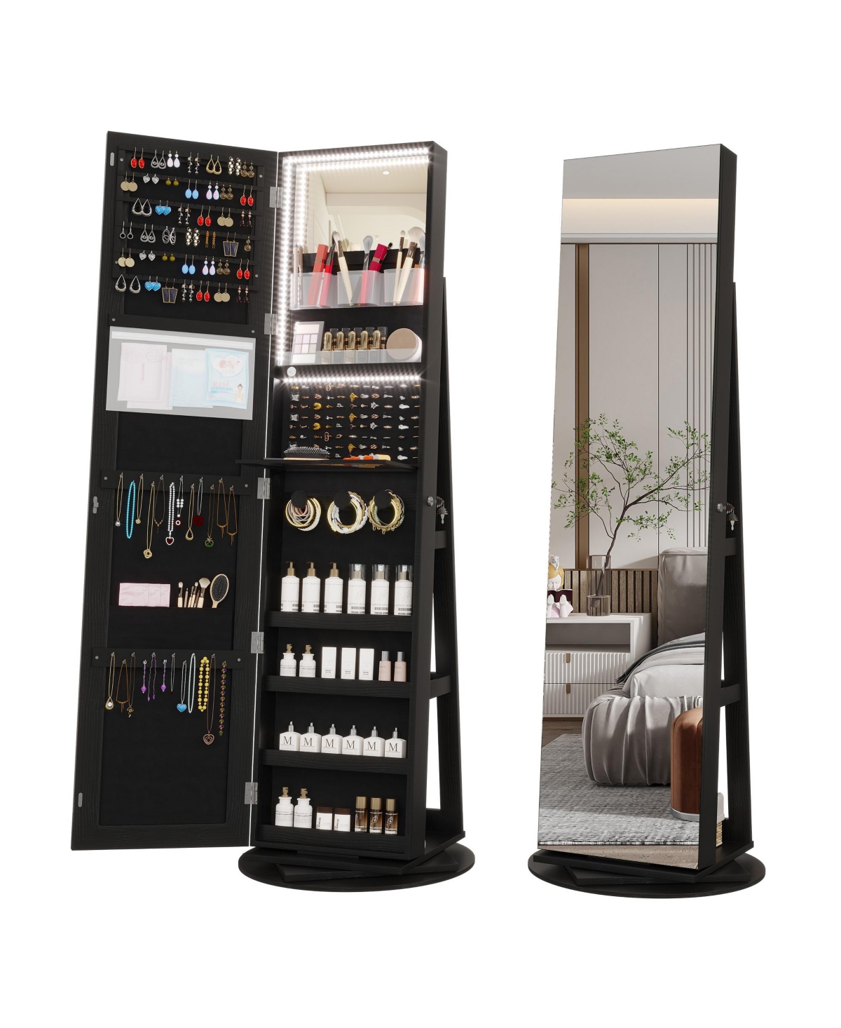 360° Swivel Jewelry Full-Length Mirror Cabinet with Lights - Black