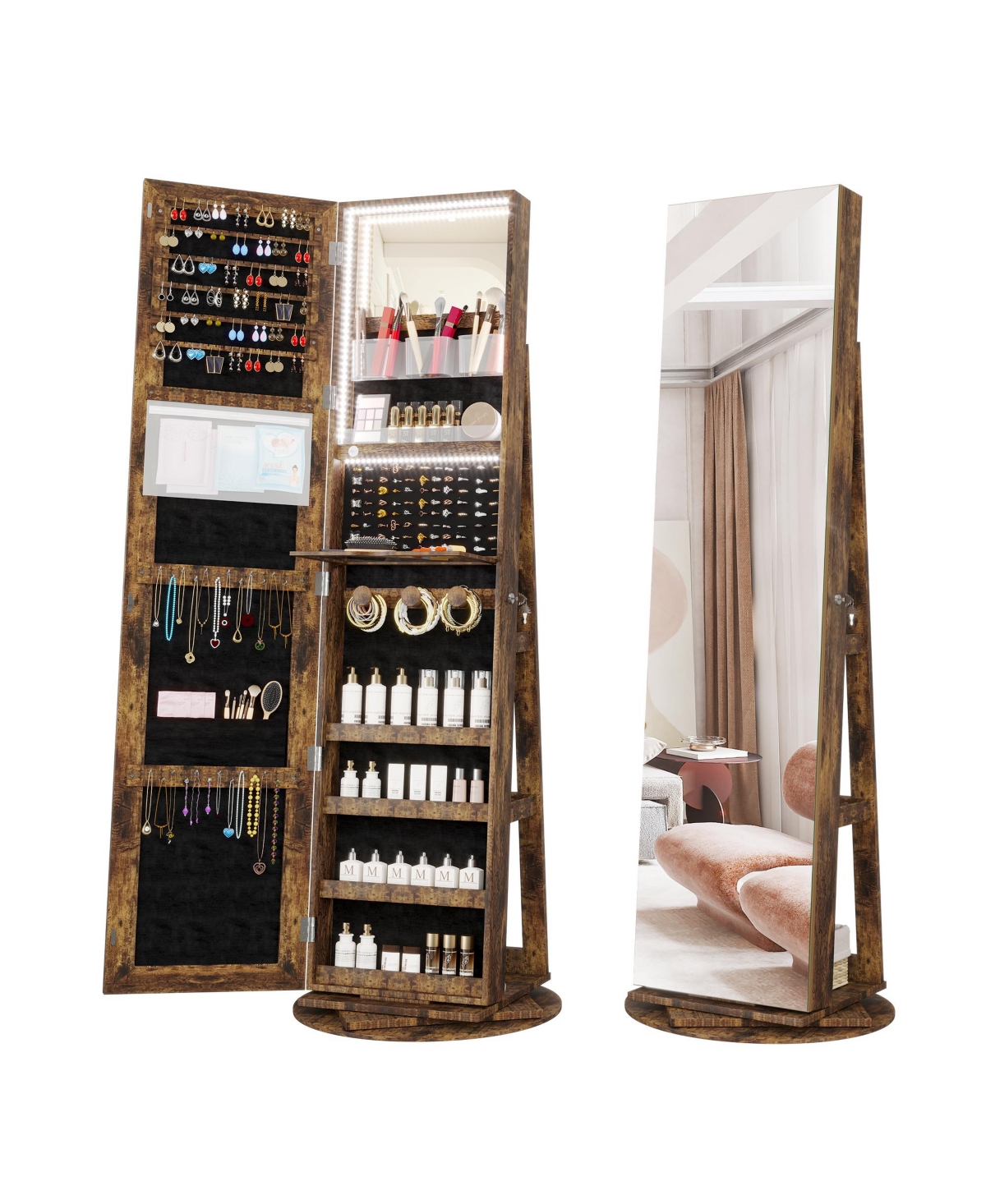 360Â° Swivel Jewelry Full-Length Mirror Cabinet with Lights - Black