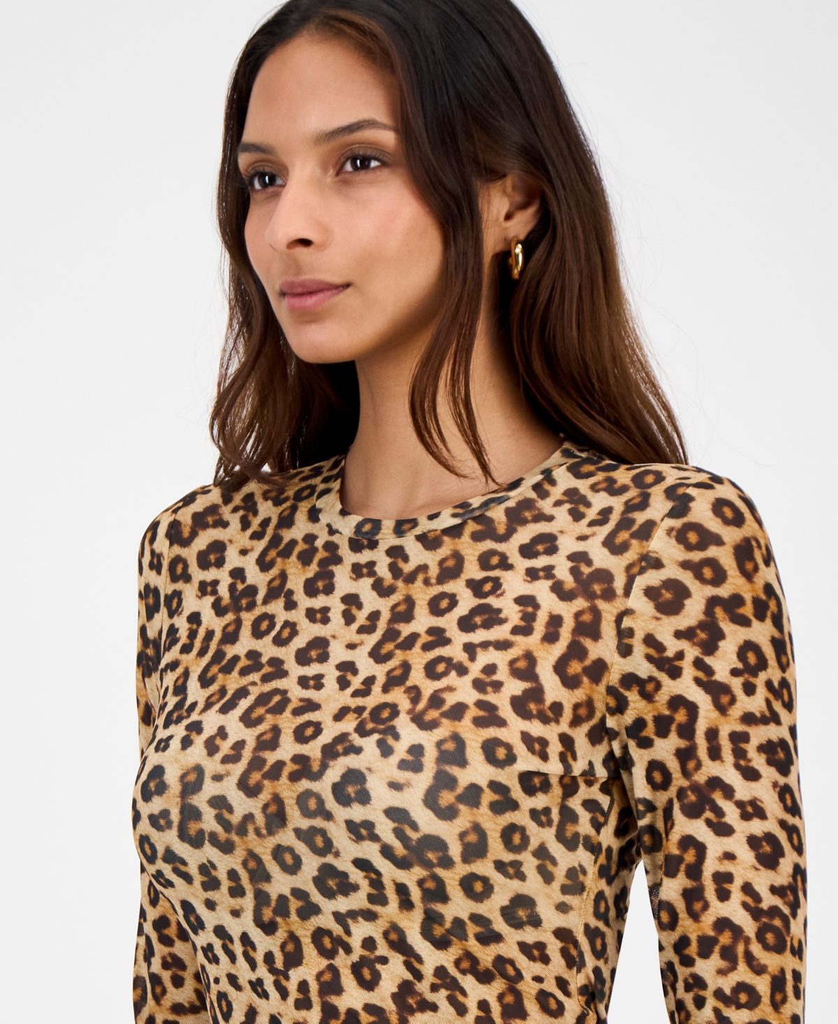 Bar Iii Women's Leopard-print Mesh Long-sleeve Top, Macy's Exclusive In Multi