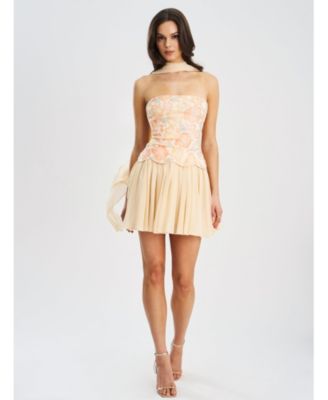 Women's Quanisha Yellow Beaded Floral Mini Chiffon Dress with Scarf