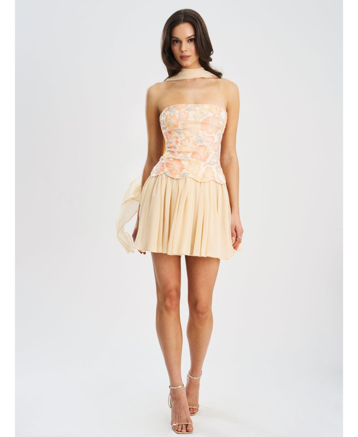 Women's Quanisha Yellow Beaded Floral Mini Chiffon Dress with Scarf