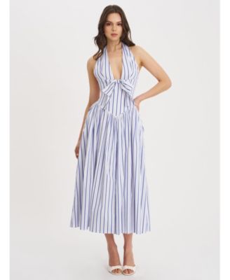 Women's Mackenna Navy Stripe Halter Smock Back Maxi Dress